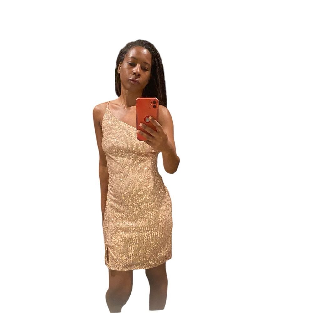 Crystal Sky Rose gold one shoulder asymmetric spaghetti strap sequin dress